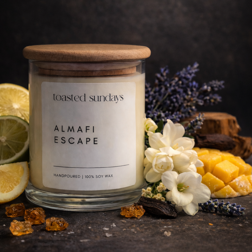 Candle labeled 'Almalfi Escape' by Toasted Sundays with decorative elements on a dark background