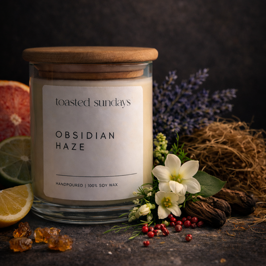 Candle labeled 'Obsidian Haze' by Toasted Sundays on a dark surface with decorative elements.