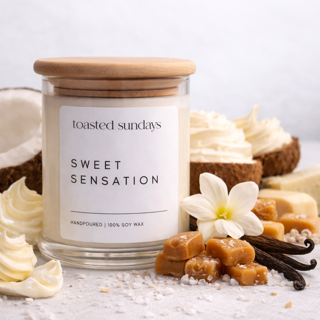 Candle labeled 'Sweet Sensation' from 'toasted sundays' with coconut, cookies, and flowers on a light background.